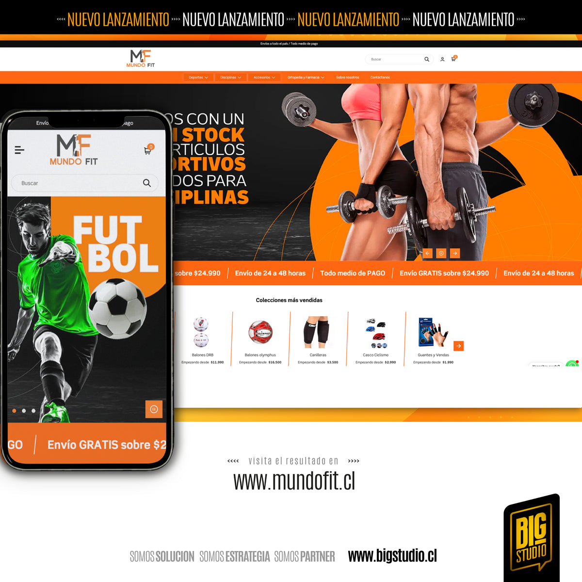 Caso de éxito BigStudio: e-commerce deportivo Mundo Fit en Shopify, vista desktop y móvil con colecciones más vendidas y envíos en Chile