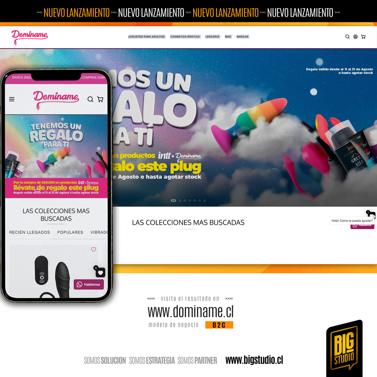 Caso de éxito BigStudio: sexshop Dominame B2C en Shopify, vista desktop y móvil con campaña promocional y colecciones más buscadas en Chile