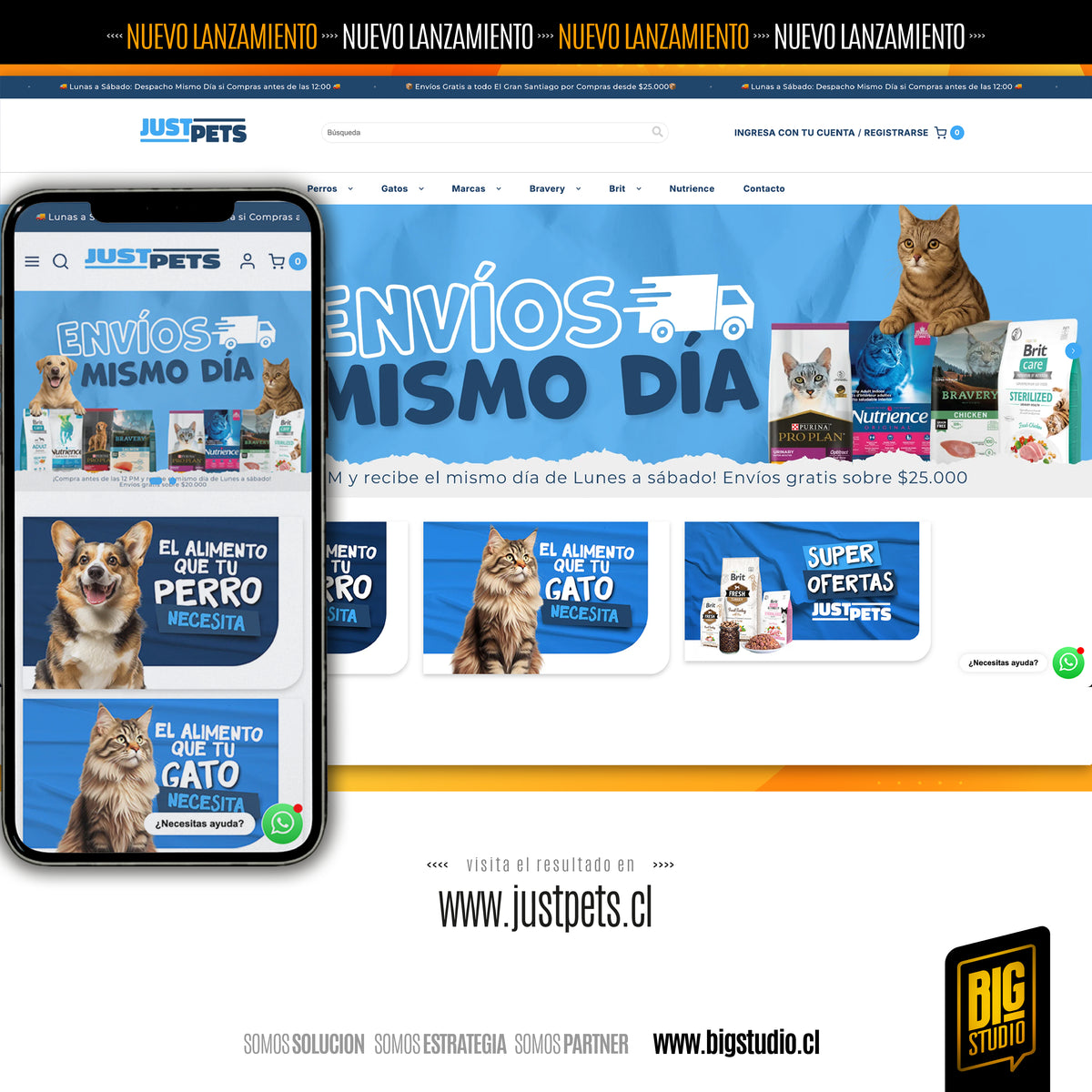 Caso de éxito BigStudio: tienda de mascotas JustPets en Shopify, vista desktop y móvil con banner ‘Envíos mismo día’ y categorías de perros y gatos en Chile