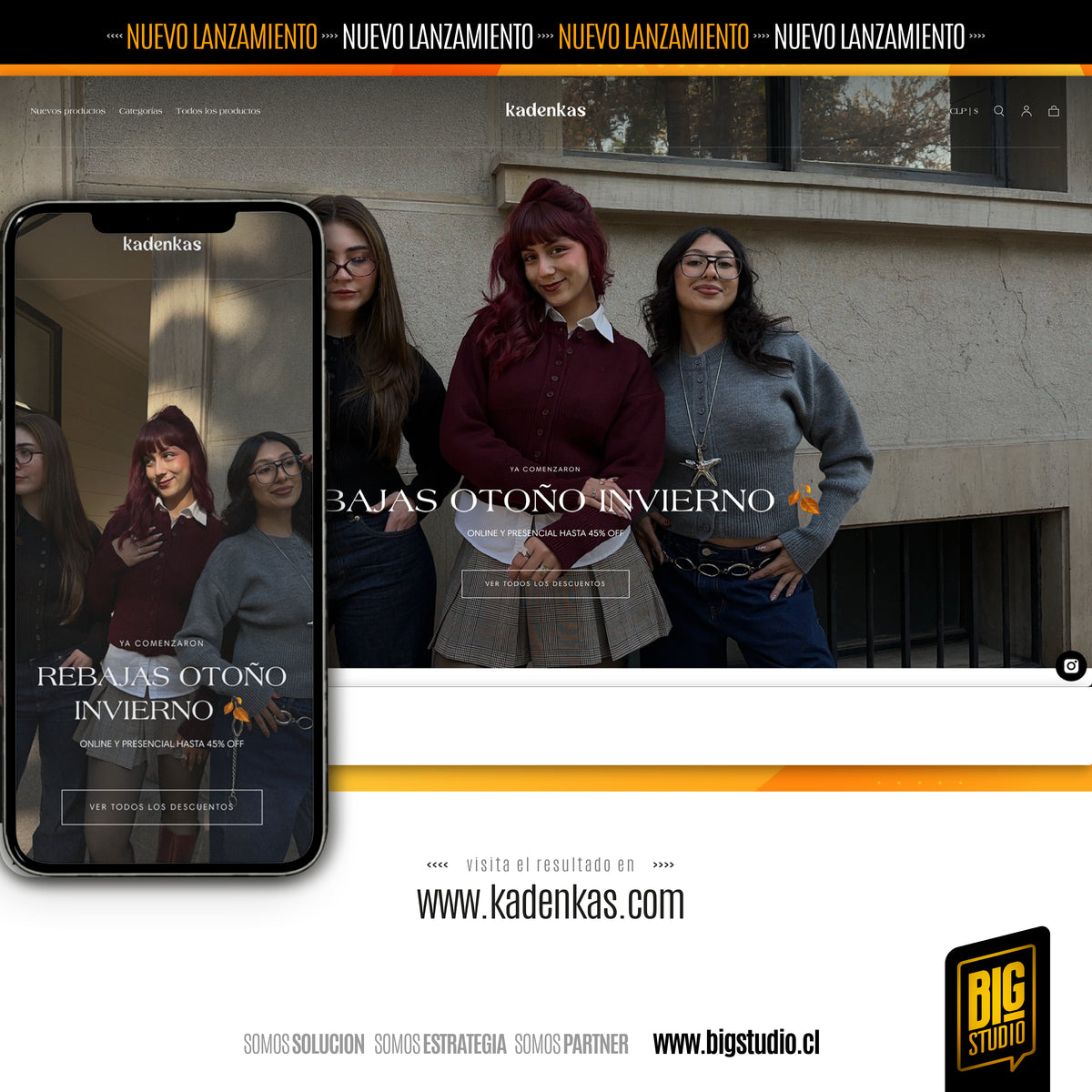 Caso de éxito BigStudio: diseño e-commerce de moda Kadenkas en Shopify, vista desktop y móvil con campaña Rebajas Otoño-Invierno en Chile
